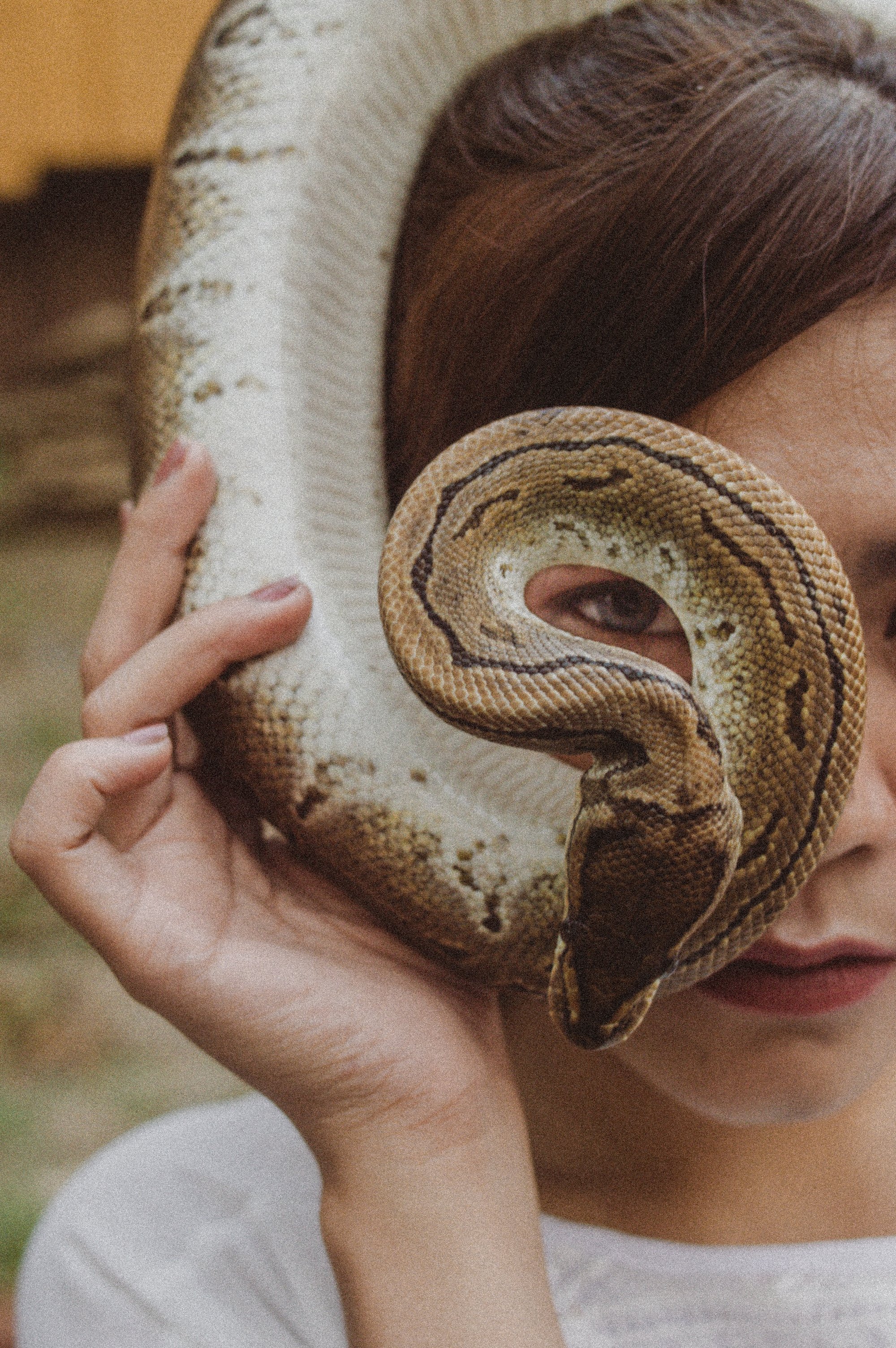 woman behind a  curved snake looking though to the camera 